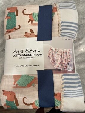 Artist Collection Cotton Gauze Throw - Dachshund Print in Peach & Blue